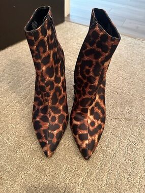 Betsey Johnson Leopard Print Pointed Toe Ankle Boots - Brown red heel
